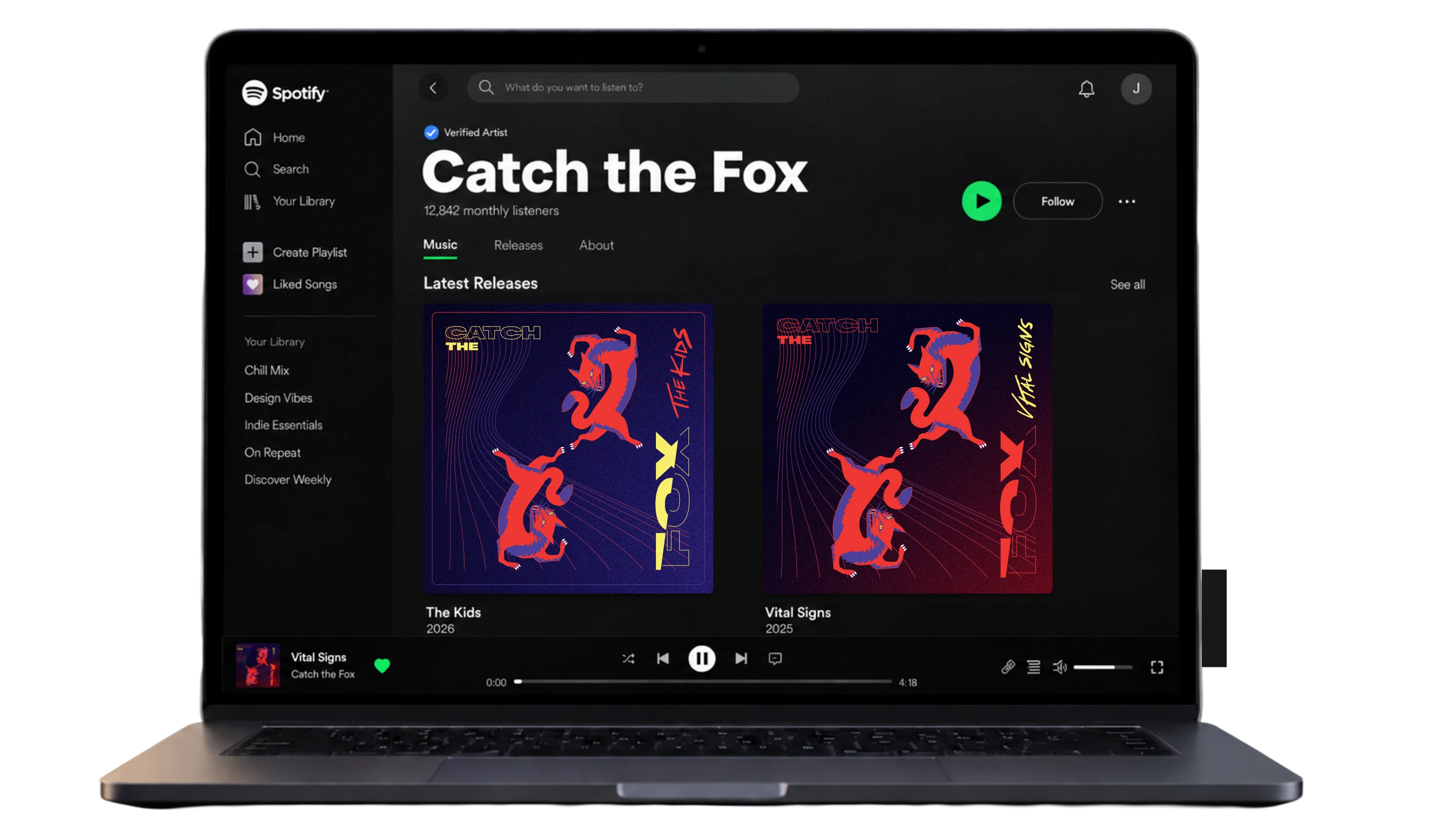 Catch the Fox on Spotify, on a laptop