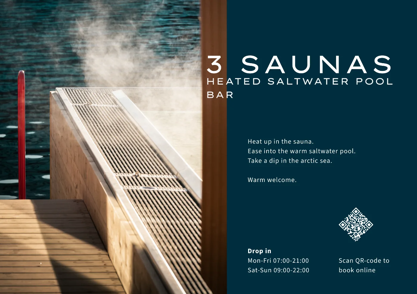 Hot & Salty flyer: 3 saunas, heated saltwater pool, bar