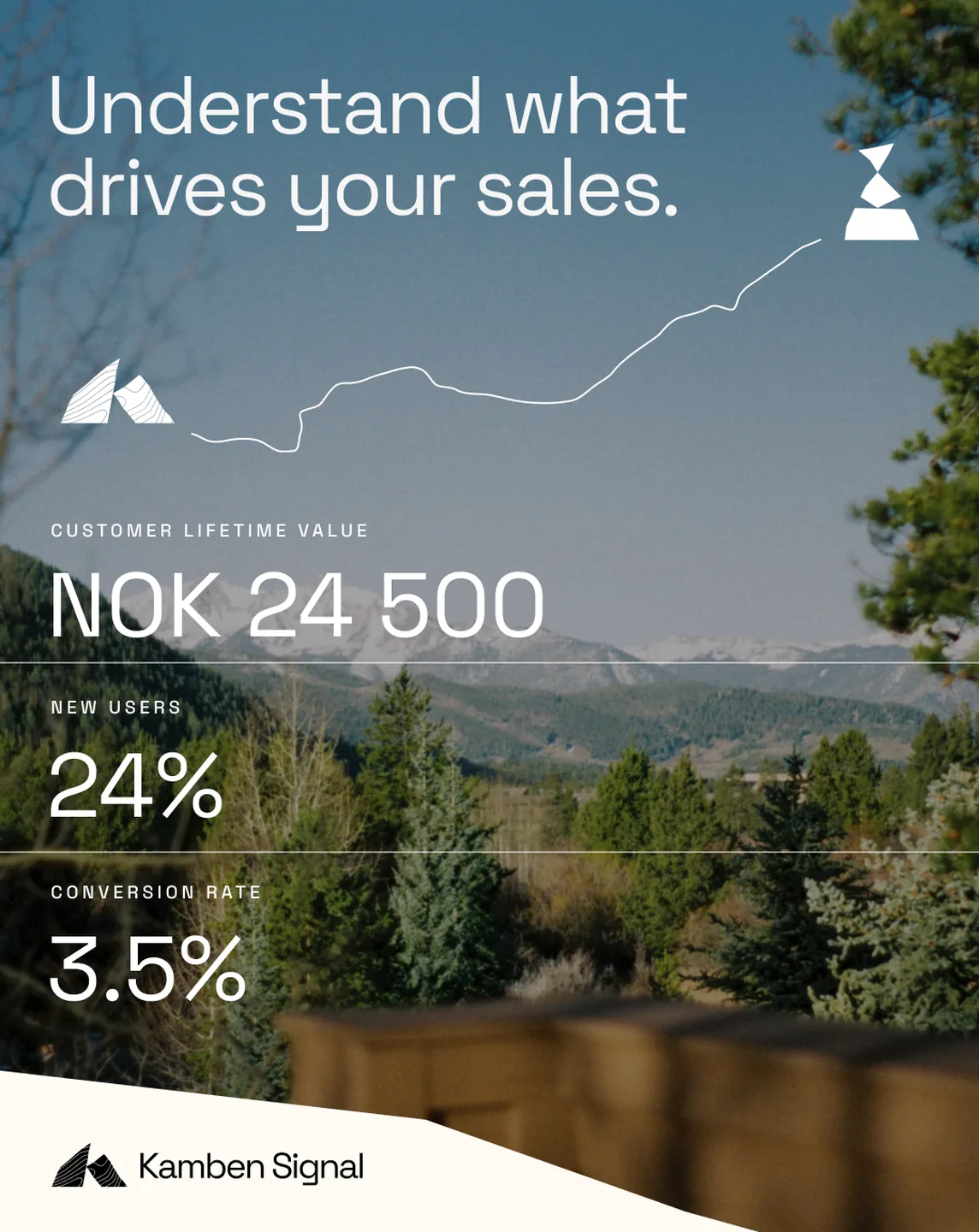 LinkedIn post: Understand what drives your sales, with customer lifetime value NOK 24 500, new users 24%, conversion rate 3.5%
