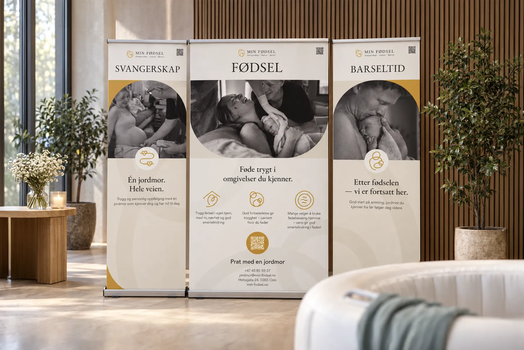 Three Min Fødsel roll-up banners at Babymessen