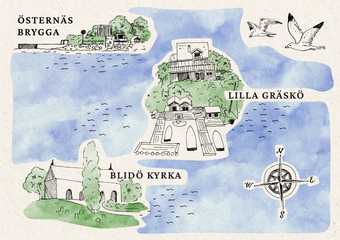 Illustrated map of Lilla Gräskö and Blidö kyrka