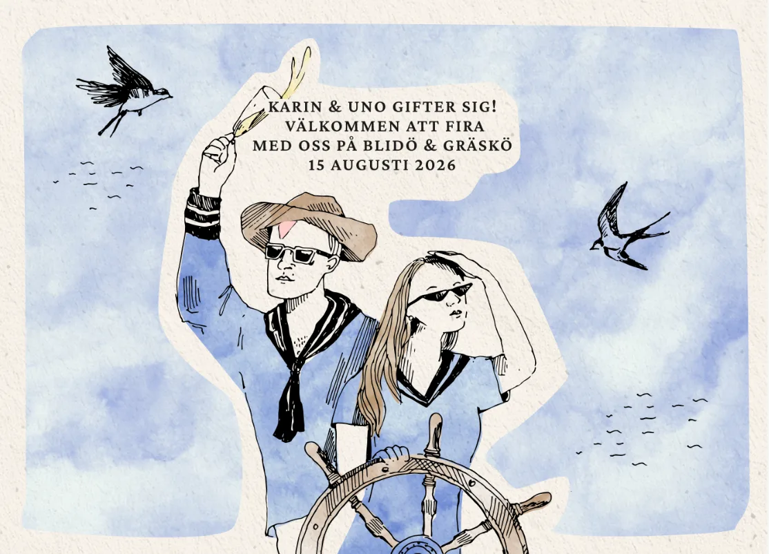 Karin & Uno — illustrated wedding invitation, Blidö, 15 August 2026
